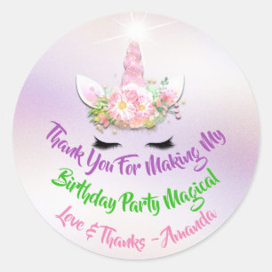 Unicorn Birthday Gefallen Pink Spark Gold Floral B Runder Aufkleber