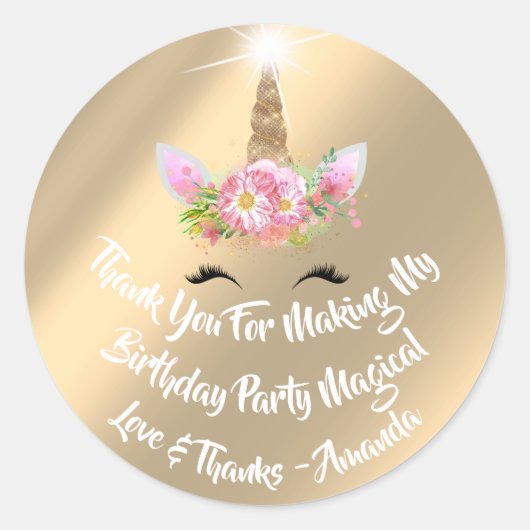 Unicorn Birthday Gefallen Pink Spark Gold Floral L Runder Aufkleber (Vorderseite)