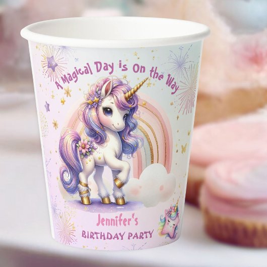 Unicorn Birthday Girl Lila Gold Rainbow Paper Pappbecher