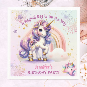 Unicorn Birthday Girl Lila Gold Rainbow Paper Serviette
