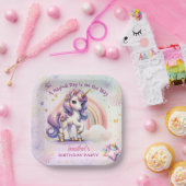 Unicorn Birthday Girl Lila Gold Rainbow Pappteller (Party)