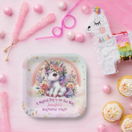 Unicorn Birthday Girl Pink Floral Rainbow Pappteller (Party)