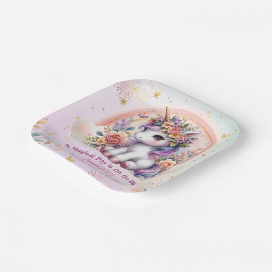 Unicorn Birthday Girl Pink Floral Rainbow Pappteller (Gewinkelt)