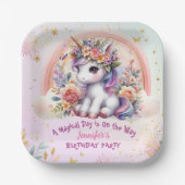 Unicorn Birthday Girl Pink Floral Rainbow Pappteller (Vorderseite)
