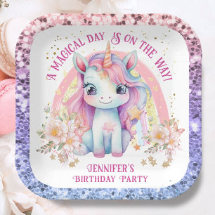 Unicorn Birthday Girl Pink Rainbow Glitzer Pappteller