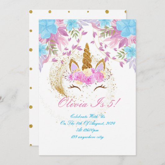 UNICORN BIRTHDAY GOLD PINK LILA EINLADUNG (Vorne/Hinten)