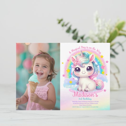 Unicorn Birthday Invitation Einladung (Stehend Vorderseite)