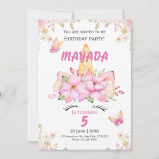 Unicorn Birthday Invitation for Girls  Einladung
