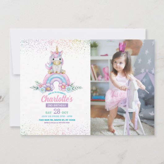 Unicorn Birthday Invite Girl Rainbow Glitzer Foto Einladung (Vorderseite)