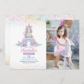 Unicorn Birthday Invite Girl Rainbow Glitzer Foto Einladung (Vorne/Hinten)
