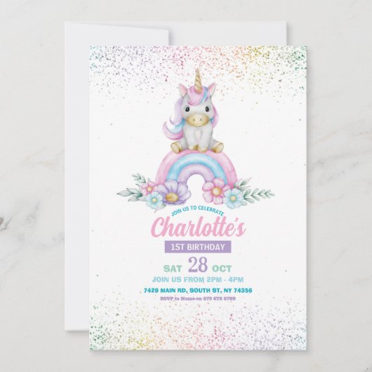 Unicorn Birthday Invite Girl Rainbow Glitzer Niedl Einladung (Vorderseite)