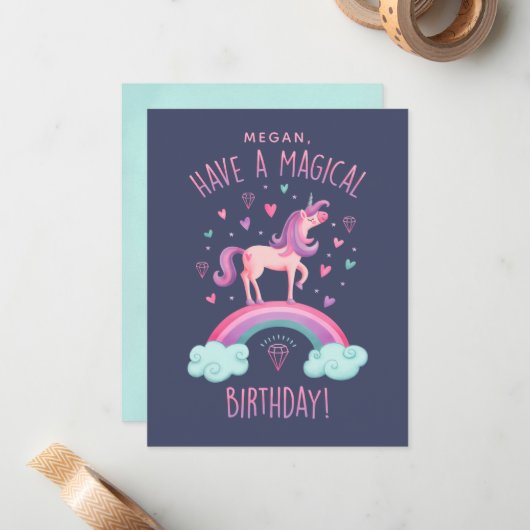 Unicorn Birthday Mitteilungskarte (Vorderseite/Rückseite Beispiel)