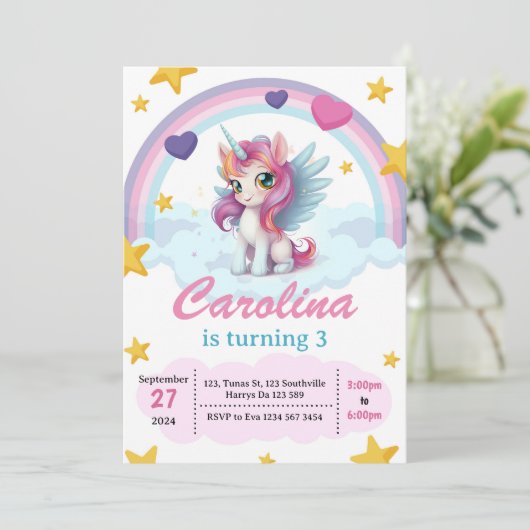 Unicorn Birthday Party Einladung (Stehend Vorderseite)