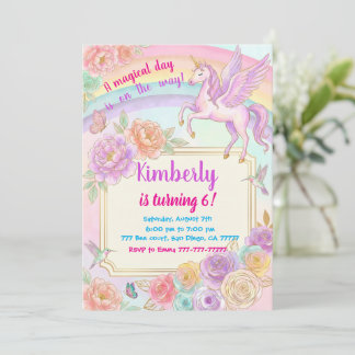 Unicorn Birthday Party Flowers Invitation Einladung