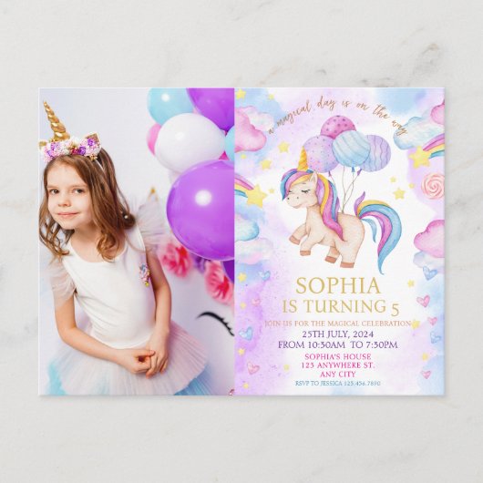 Unicorn Birthday Party Foto Postkarte (Vorderseite)