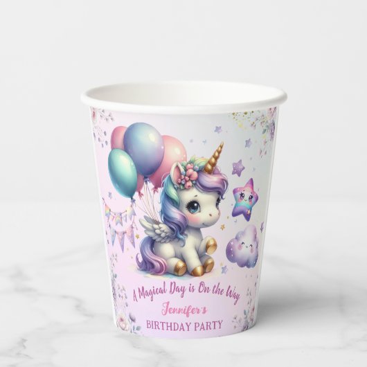 Unicorn Birthday Party Girl Lila & Gold Paper Pappbecher (Rückseite)