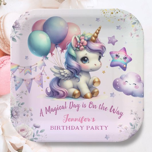 Unicorn Birthday Party Girl Lila & Gold Paper Pappteller
