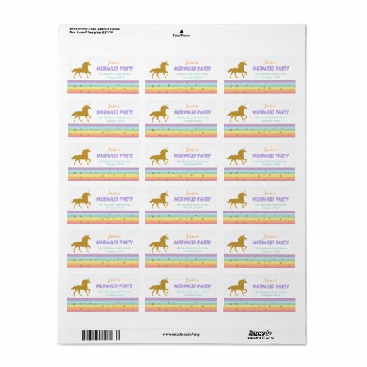 Unicorn Birthday Party Gold Glitzer Address Labels Adressaufkleber (Vorne)
