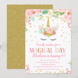 Unicorn Birthday Party Gold Glitzer Blume Einladung