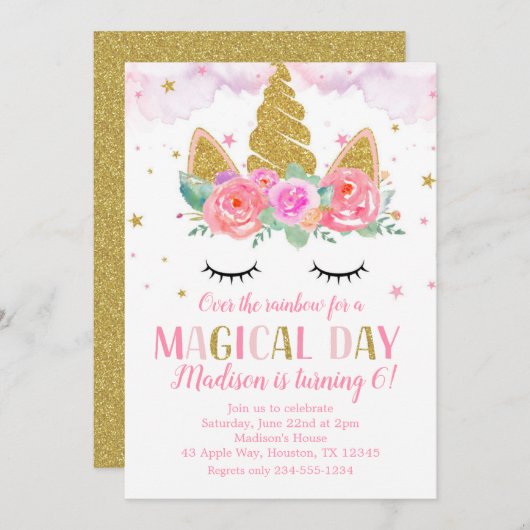Unicorn Birthday Party Gold Glitzer Blume Einladung (Vorne/Hinten)