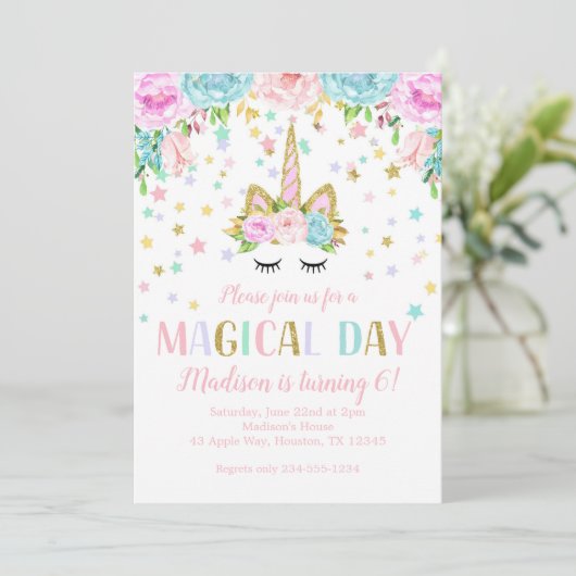Unicorn Birthday Party Gold Glitzer Blume Stars Einladung (Stehend Vorderseite)