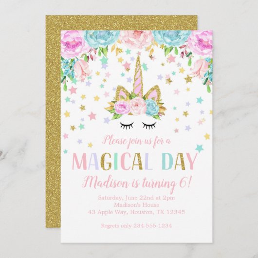 Unicorn Birthday Party Gold Glitzer Blume Stars Einladung (Vorne/Hinten)