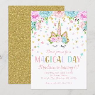 Unicorn Birthday Party Gold Glitzer Blume Stars Einladung
