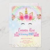 Unicorn Birthday Party Gold Glitzer Einladung (Vorne/Hinten)