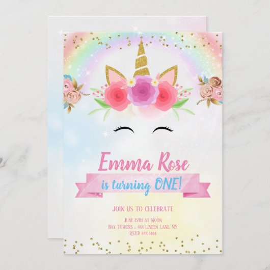 Unicorn Birthday Party Gold Glitzer Einladung (Vorne/Hinten)