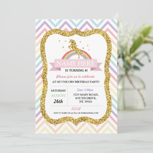 Unicorn Birthday Party Gold Glitzer Rainbow Einladung (Stehend Vorderseite)