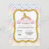 Unicorn Birthday Party Gold Glitzer Rainbow Einladung (Vorne/Hinten)