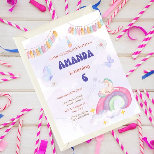 Unicorn Birthday Party, Rainbow & Clouds for Kids Einladung