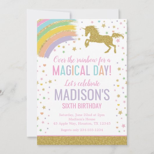 Unicorn Birthday Party Rainbow Gold Glitzer Einladung (Vorderseite)