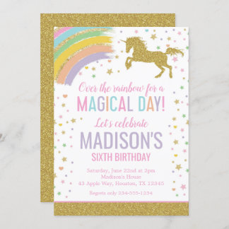 Unicorn Birthday Party Rainbow Gold Glitzer Einladung