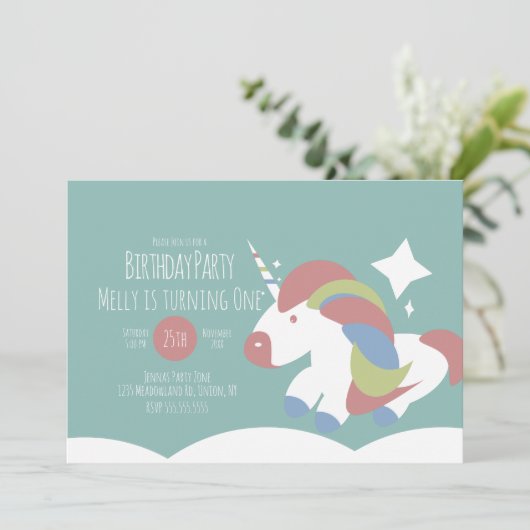 Unicorn Birthday Party Wolken farbenfroh einfach Einladung (Stehend Vorderseite)