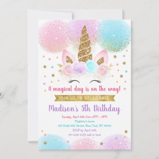 Unicorn Birthday Pink Gold Rainbow Einladung (Vorderseite)