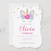 Unicorn Birthday Pink und Gold Glitzer Einladung (Vorderseite)
