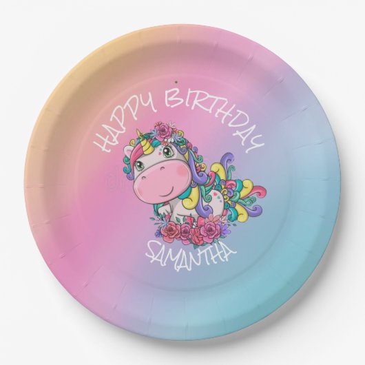 Unicorn Birthday Rainbow Pappteller (Vorderseite)