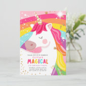 Unicorn Birthday Rainbow Party Magical Girl Pink Einladung (Stehend Vorderseite)