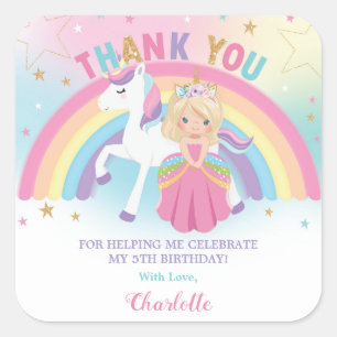 Unicorn Blonde Princess Birthday Vielen Dank Quadratischer Aufkleber