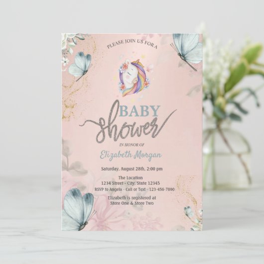 Unicorn Blue Butterflies Baby Shower Einladung (Stehend Vorderseite)