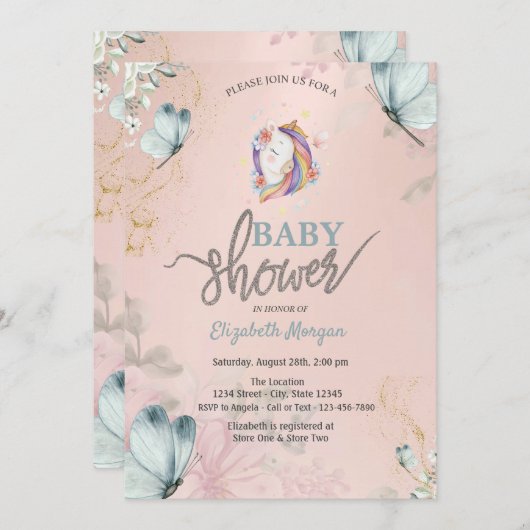 Unicorn Blue Butterflies Baby Shower Einladung (Vorne/Hinten)
