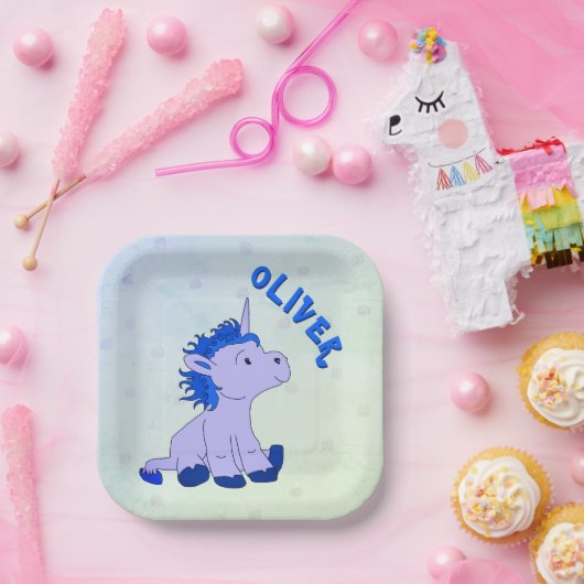 Unicorn Blue Dot Pattern Girl Birthday Pappteller (Party)
