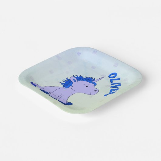 Unicorn Blue Dot Pattern Girl Birthday Pappteller (Gewinkelt)