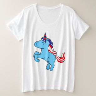 Unicorn Blue Patriotic USA Flag Mane Cartoon Große Größe T-Shirt