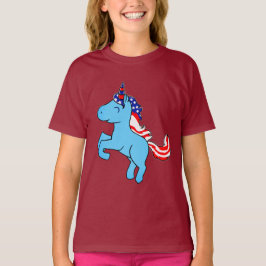 Unicorn Blue Patriotic USA Flag Mane Cartoon T-Shirt