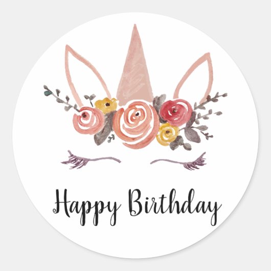 Unicorn Blume Crown Happy Birthday Party Stickers (Vorderseite)