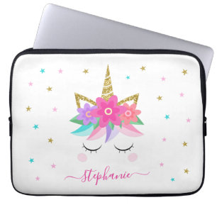 Unicorn Blume Gold Glitzer Personalisiert Laptopschutzhülle