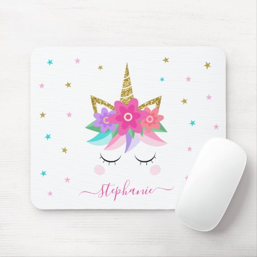 Unicorn Blume Gold Glitzer Personalisiert Mousepad (Mit Mouse)