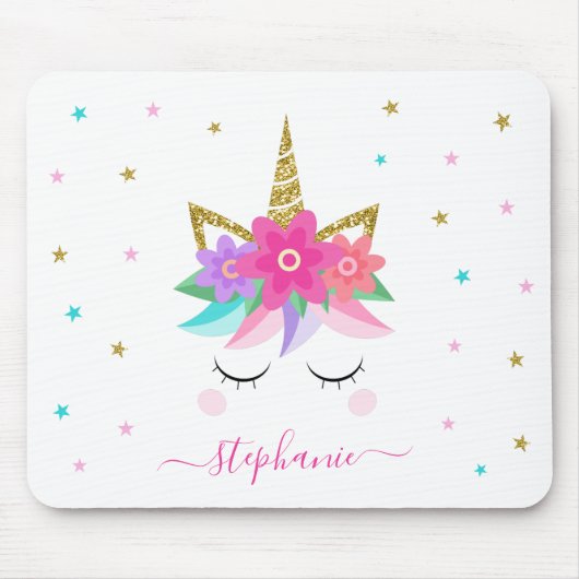 Unicorn Blume Gold Glitzer Personalisiert Mousepad (Vorne)